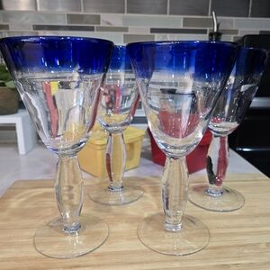 Cobalt Blue Rim Hand Blown  Martini Cocktail Glasses Barware‎ Set of 4